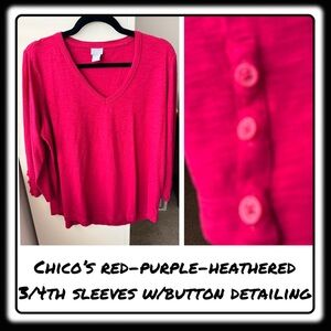 Chico’s red-purpleish-heathered lightweight 3/4th sleeves tee size 2 (12-14)